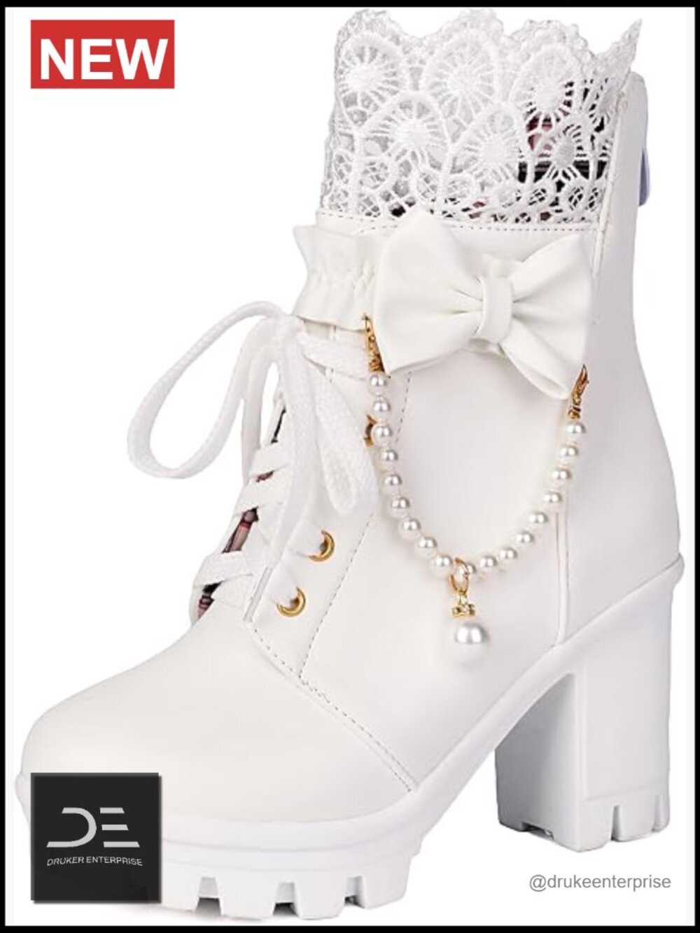 Faux Leather Lace-Up Combat Boots with Pearl Chain & Bow Chunky High Heel